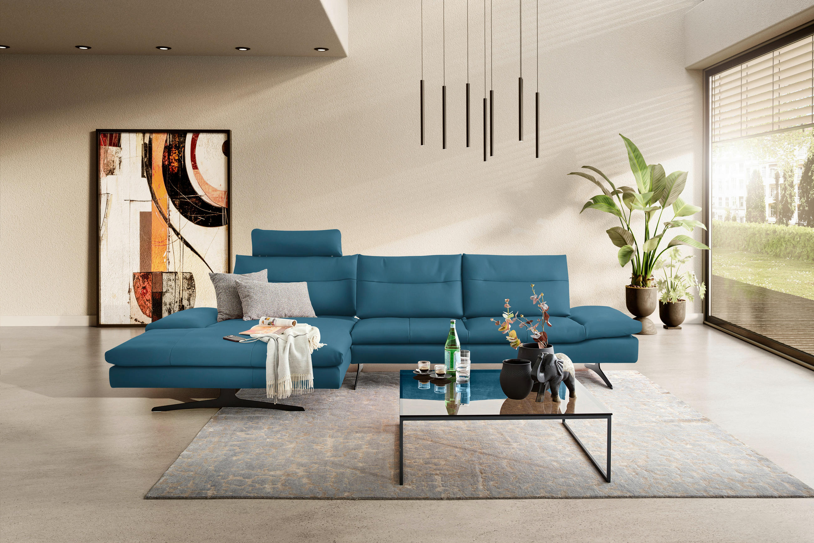 ECKSOFA in Echtleder Hellblau  158/342 cm  - Schwarz/Hellblau, MODERN, Leder/Metall (158/342cm) - Chilliano