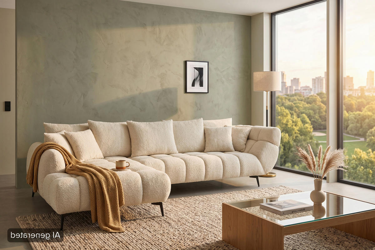 ECKSOFA Naturfarben Bouclé Zierkissen, Rückenkissen, Rücken echt  - Schwarz/Naturfarben, MODERN, Textil/Metall (217/318cm) - Carryhome