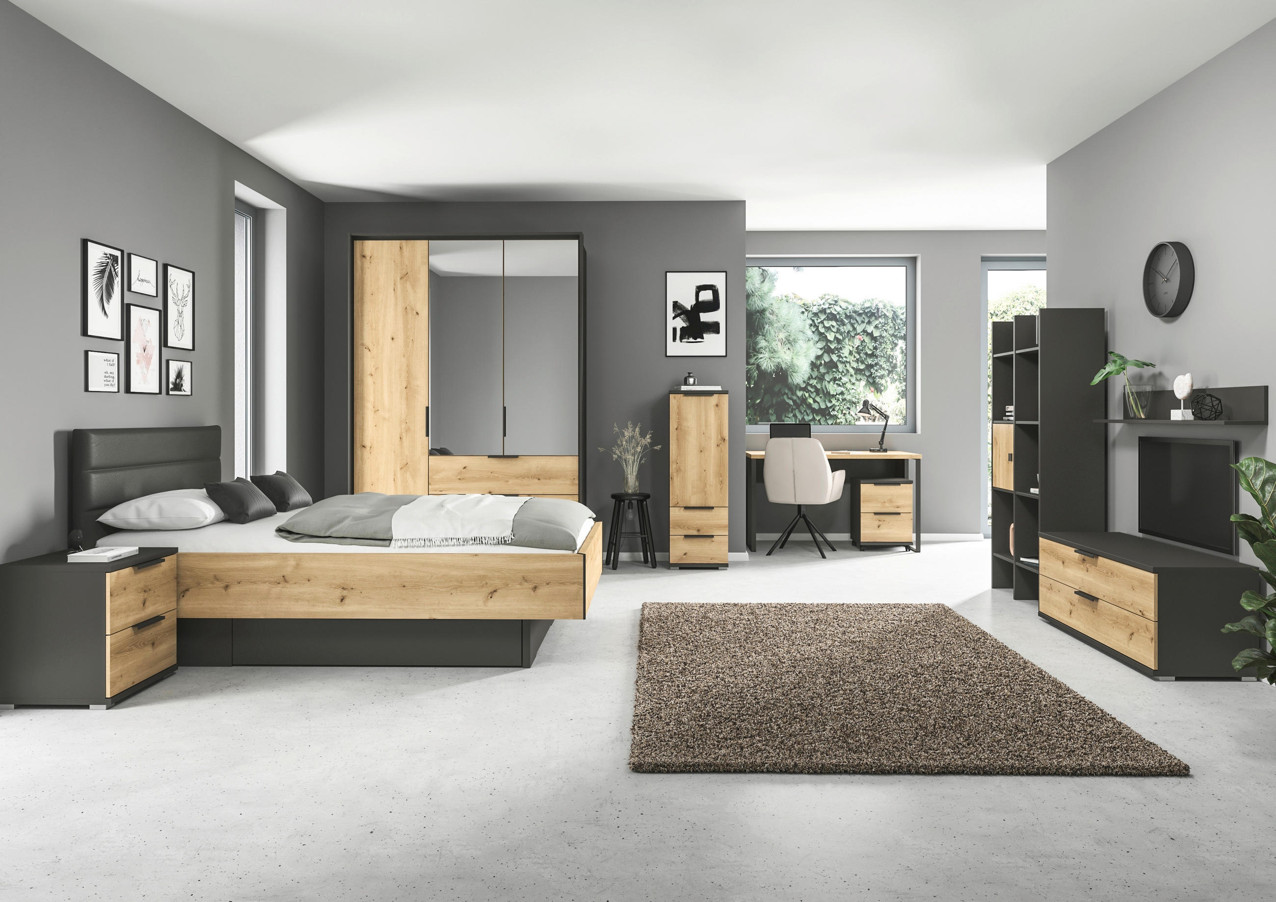 BETT 100/200 cm  in Graphitfarben, Eichefarben  - Eichefarben/Dunkelgrau, KONVENTIONELL, Holzwerkstoff/Textil (100/200cm) - Xora