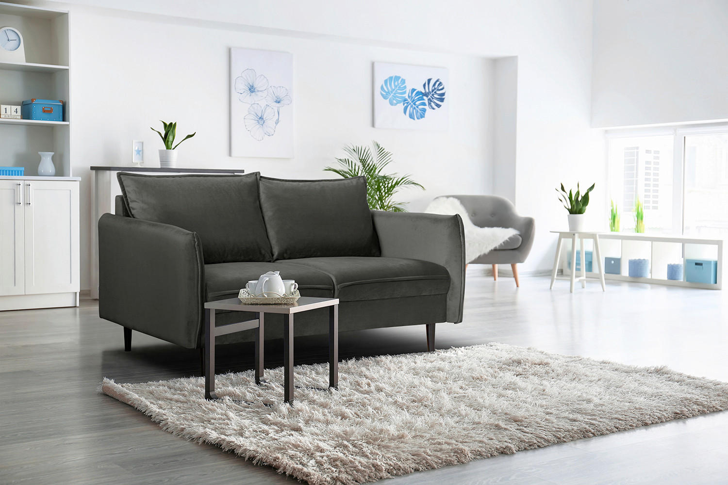 2-SITZER-SOFA JULI Samt Dunkelgrau  - Dunkelgrau/Schwarz, Design, Holz/Textil (138/86/100cm) - P & B