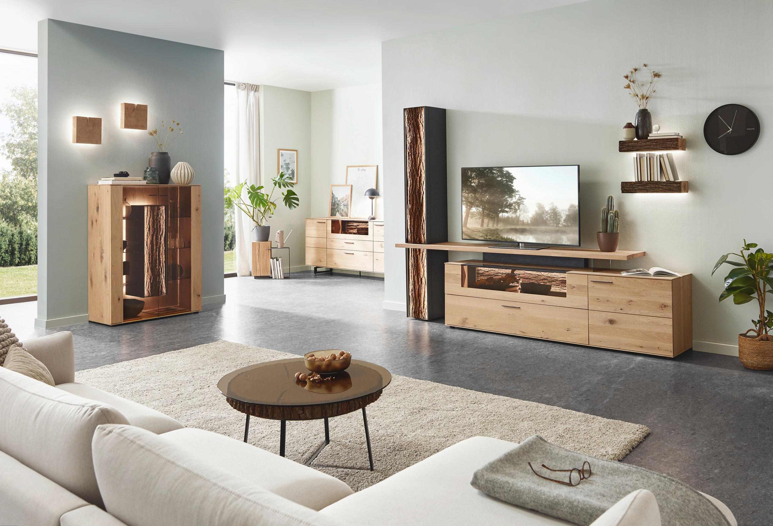 WOHNWAND  Anthrazit, Eichefarben 277/215/44 cm  - Eichefarben/Transparent, Natur, Glas/Holz (277/215/44cm) - Valnatura