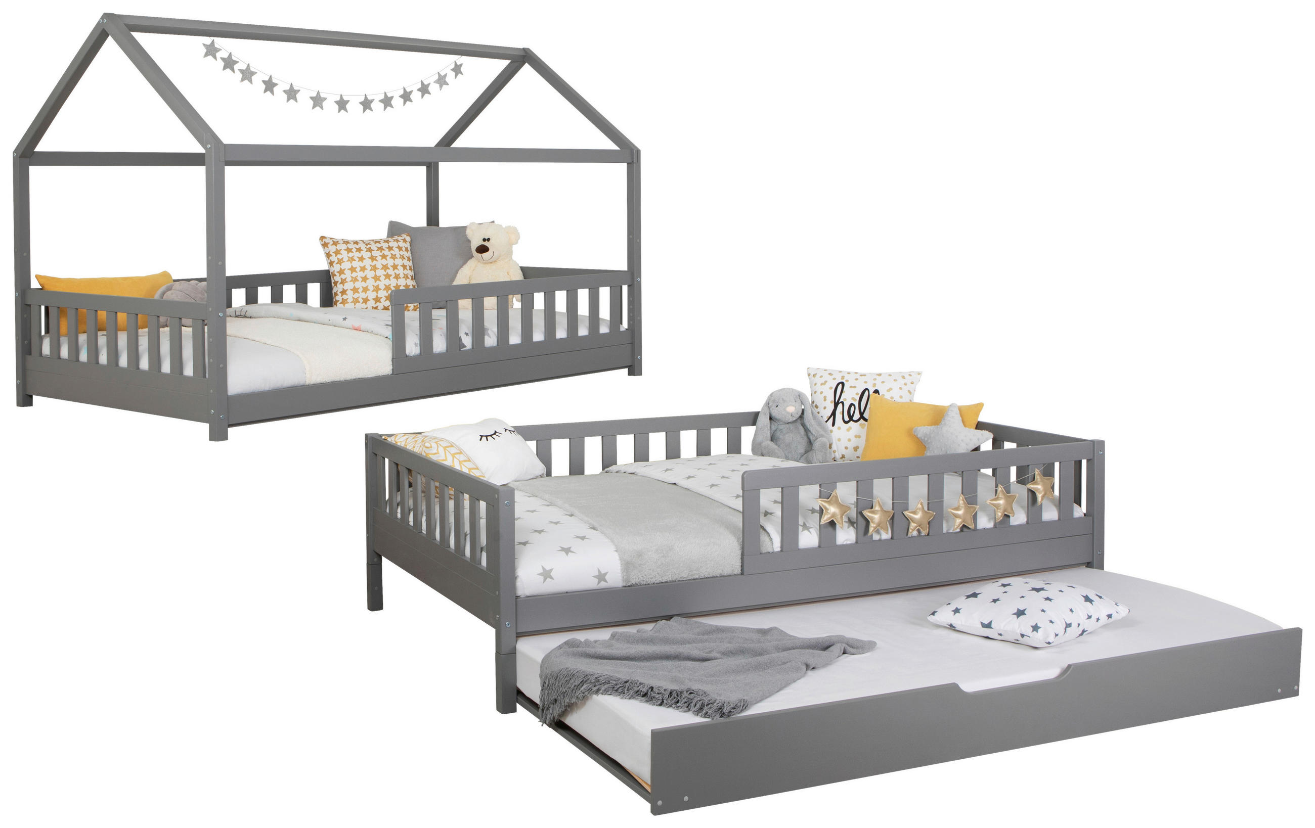 AUSZIEHBETT 100/200 cm,  in Hellgrau, Bettkasten, Rollrost, Matratzen, Absturzsicherung  - Hellgrau/Naturfarben, MODERN, Holz/Textil (100/200cm) - MID.YOU