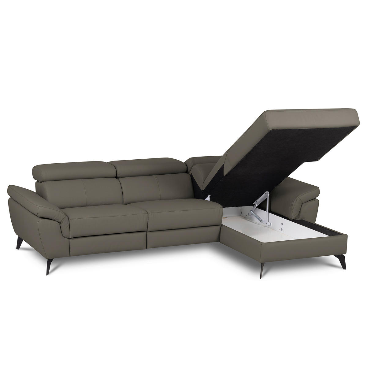 ECKSOFA Schlammfarben Echtleder Lederlook Bettkasten, Schlaffunktion, Rücken echt, Armteilverstellung, Kopfteilverstellung  - Schlammfarben/Schwarz, Design, Leder/Textil (252/179cm) - Livetastic