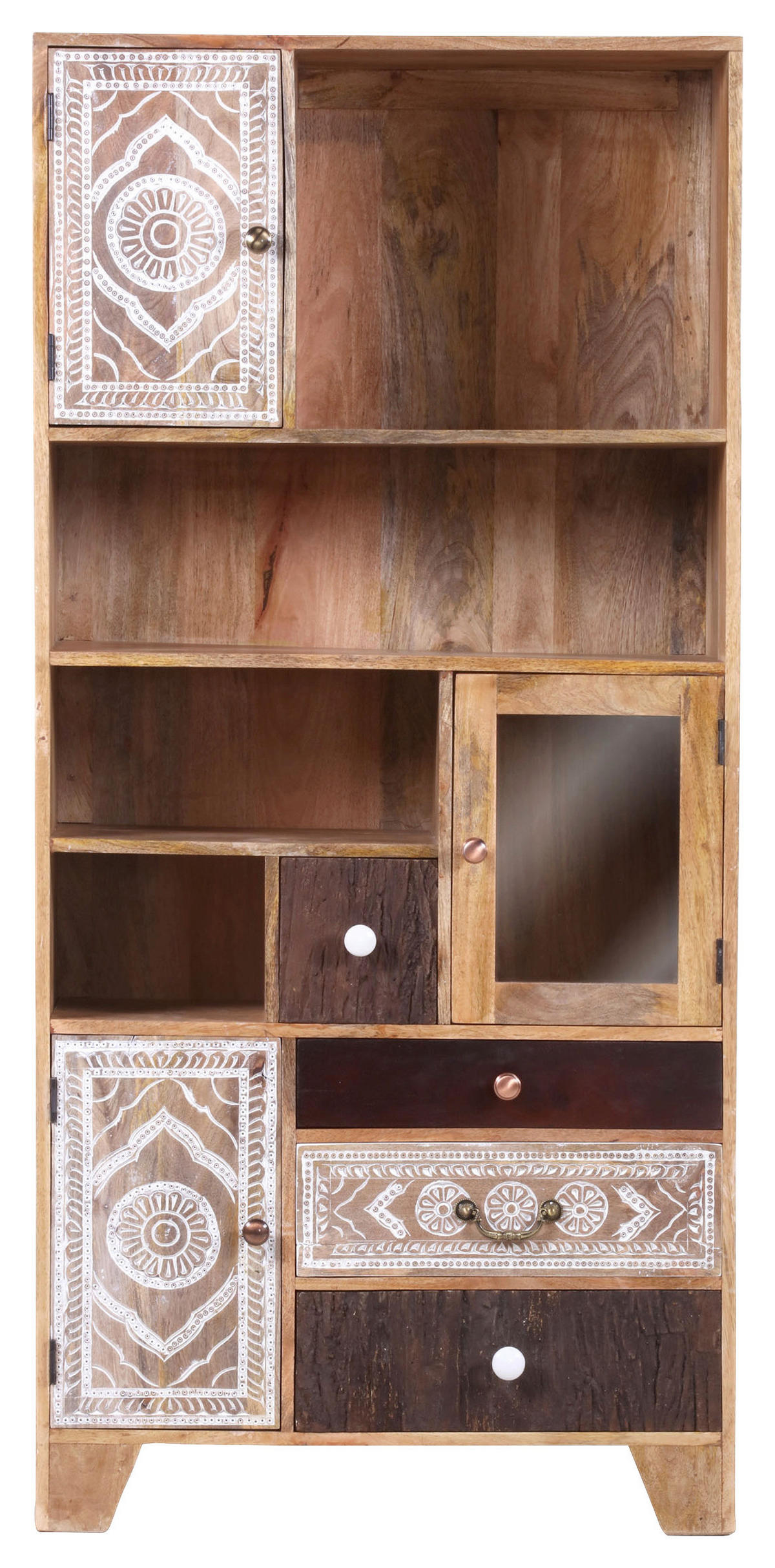REGAL Akazie, Mangoholz massiv Braun, Multicolor, Naturfarben, Weiß  - Messingfarben/Multicolor, Design, Holz/Metall (80/170/44cm) - Landscape