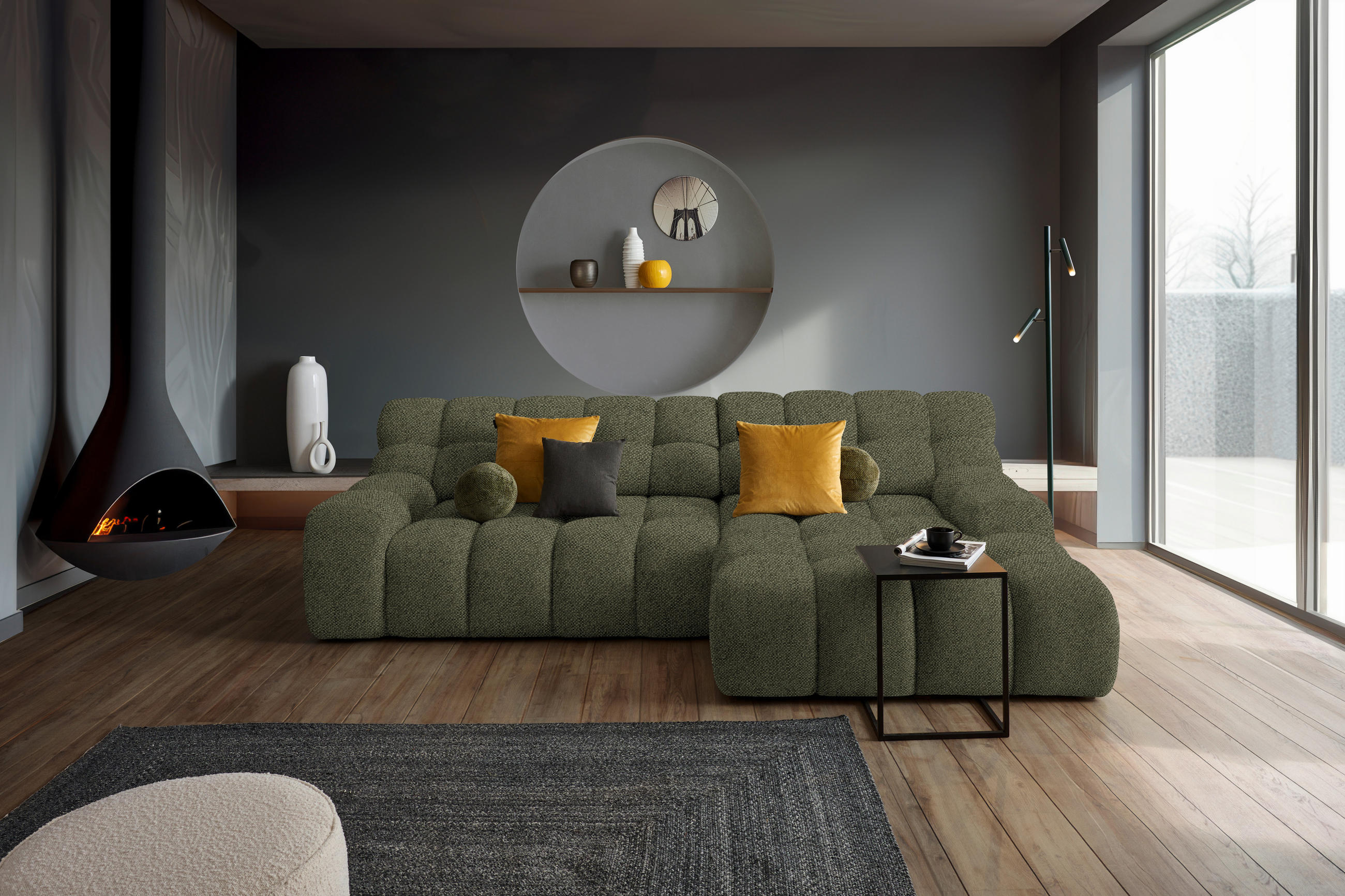 ECKSOFA in Webstoff Olivgrün  - Schwarz/Olivgrün, Modern, Kunststoff/Textil (297/180cm) - Welnova