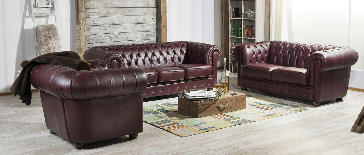 CHESTERFIELD-SITZGARNITUR in Echtleder Rot  - Rot/Nussbaumfarben, Design, Leder/Holz - Max Winzer