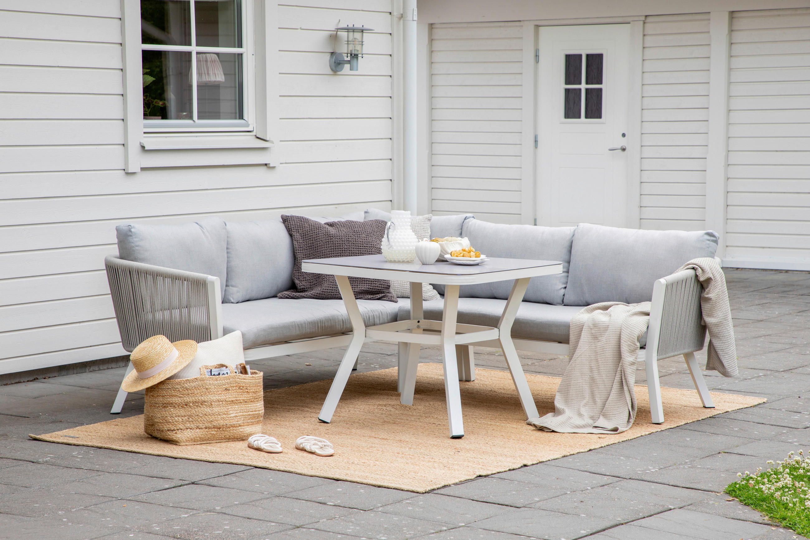 LOUNGEGARNITUR   Aluminium  - Weiß/Grau, KONVENTIONELL, Textil/Metall - Gardenson