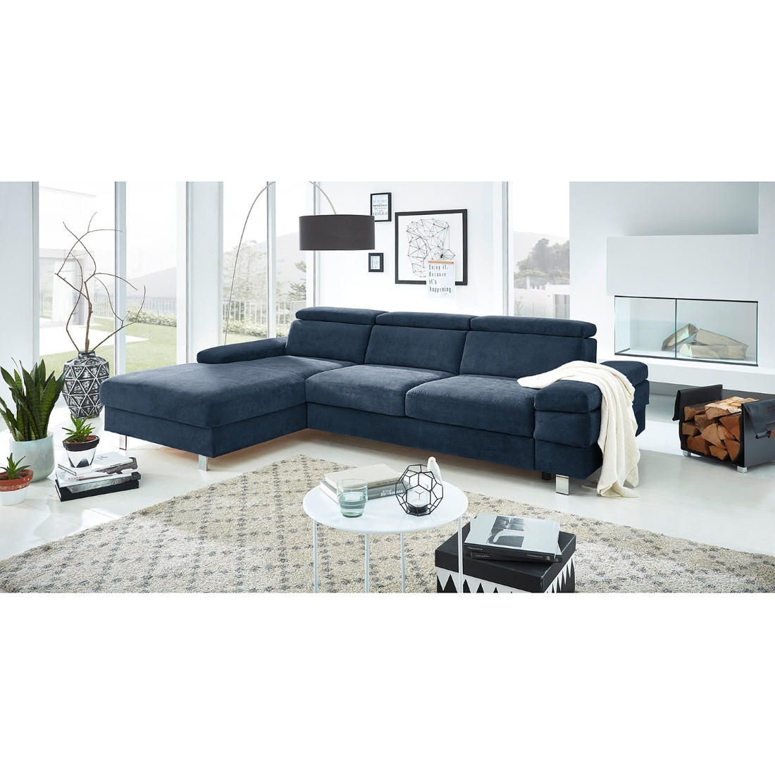 ECKSOFA in Webstoff Dunkelblau  - Silberfarben/Dunkelblau, Konventionell, Textil/Metall (260/82/182cm) - Trendmanufaktur