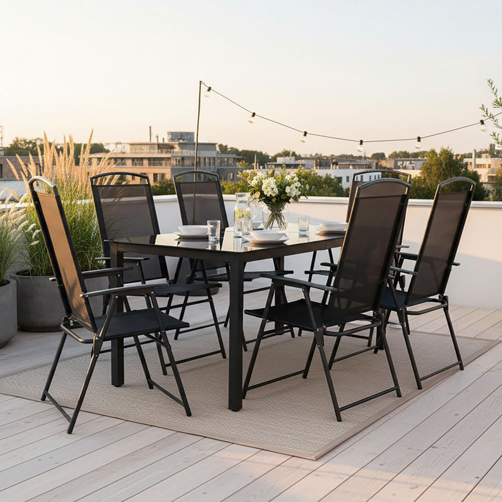 Gartenmöbel Set 7-Tlg. aus Metall/Textil/Glas