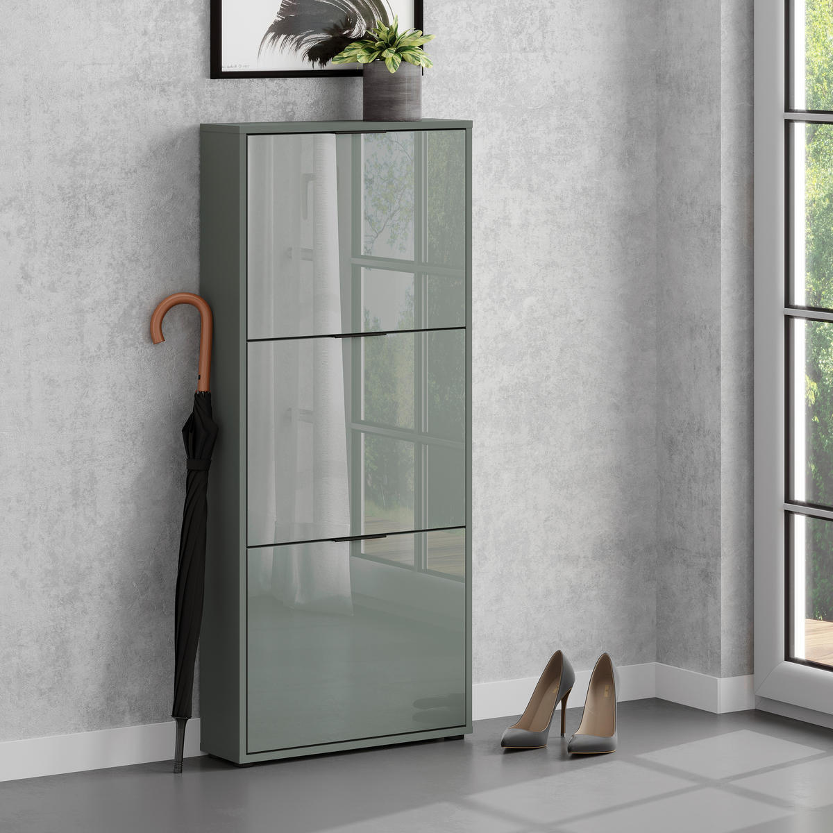 SCHUHKIPPER - Salbeigrün/Schwarz, MODERN, Glas/Holzwerkstoff (60/137/17cm) - Boxxx