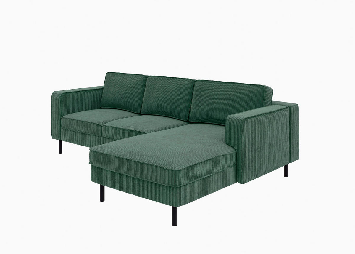 ECKSCHLAFSOFA WATKINS  mit Schlafen auf Sitzhöhe, Rücken echt, Armteil links, Armteil rechts Cord Dunkelgrün  - Dunkelgrün/Schwarz, MODERN, Textil/Metall (232/161cm) - Trendmanufaktur