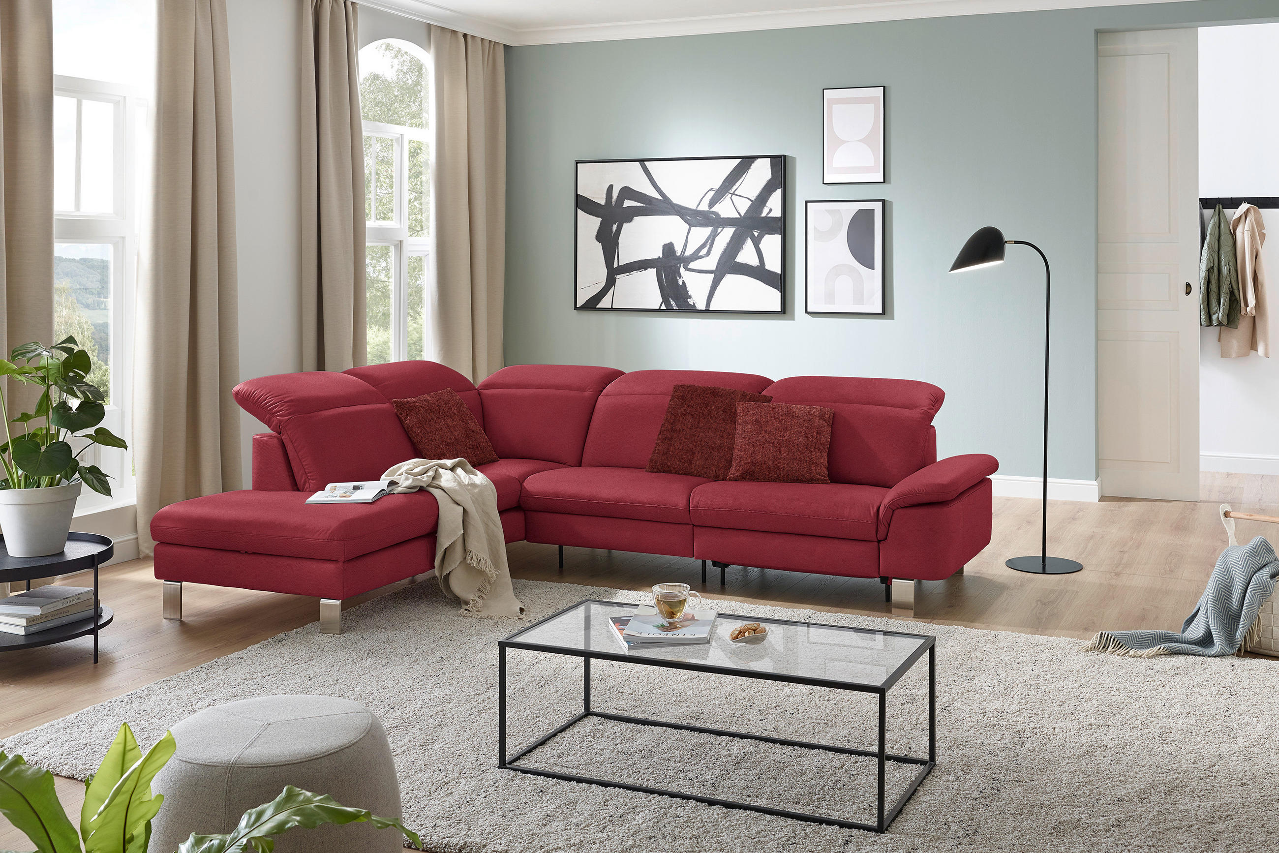 ECKSOFA in Echtleder Rot  233/309 cm  - Edelstahlfarben/Rot, Design, Leder/Metall (233/309cm) - Dieter Knoll