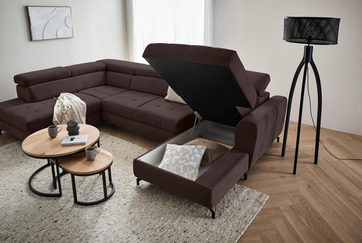 WOHNLANDSCHAFT Dunkelbraun Struktur  - Dunkelbraun/Schwarz, Design, Textil/Metall (203/327/177cm) - Stylife