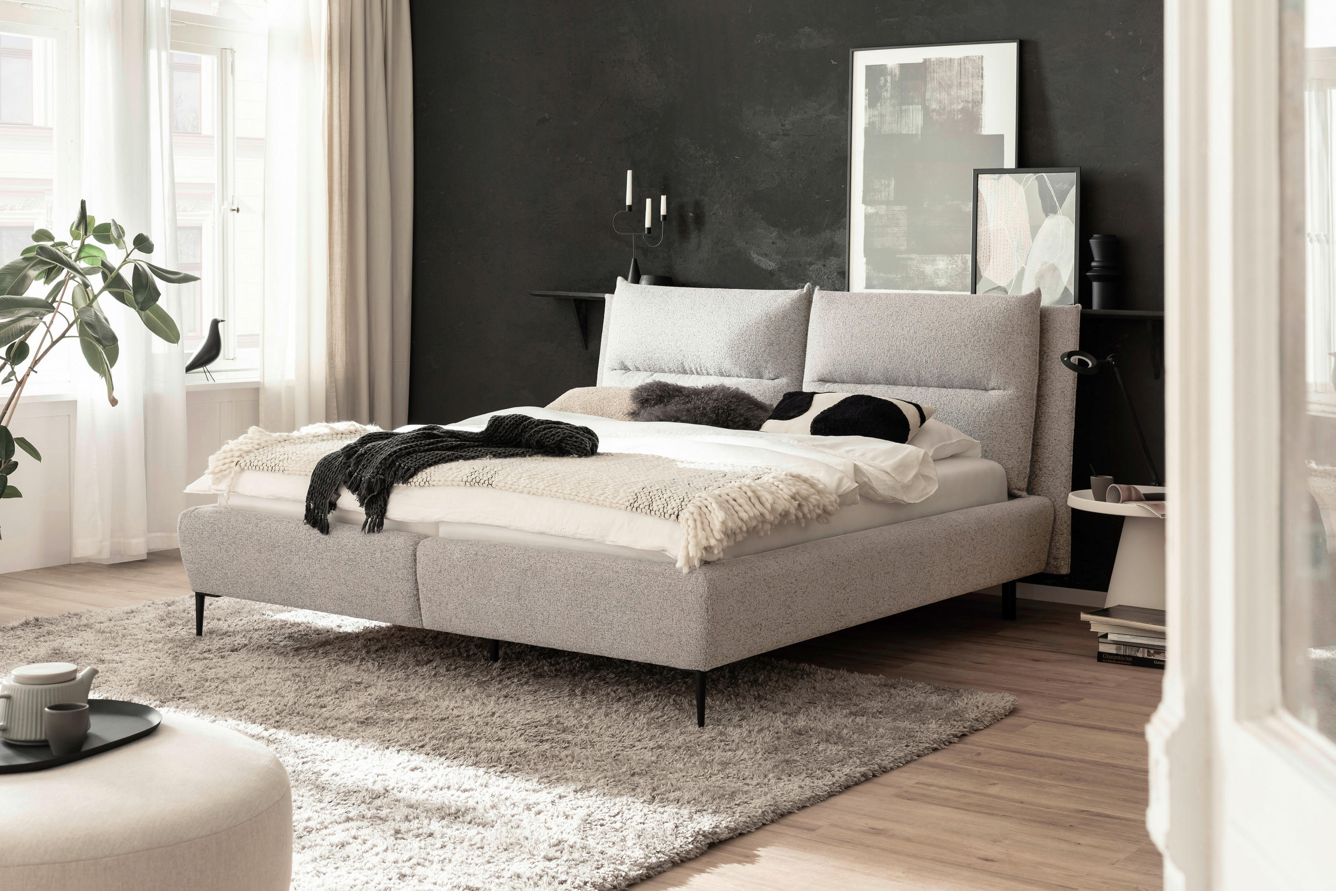 POLSTERBETT Creme, Schwarz 180/200 cm  - Creme/Schwarz, MODERN, Holzwerkstoff/Textil (180/200cm) - MID.YOU