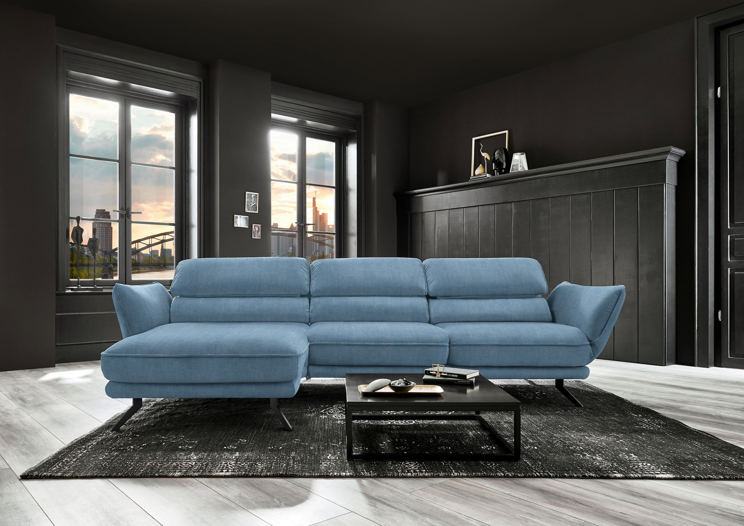 ECKSOFA in Velours Hellblau  - Schwarz/Hellblau, Design, Textil/Metall (153/283cm) - Valdera