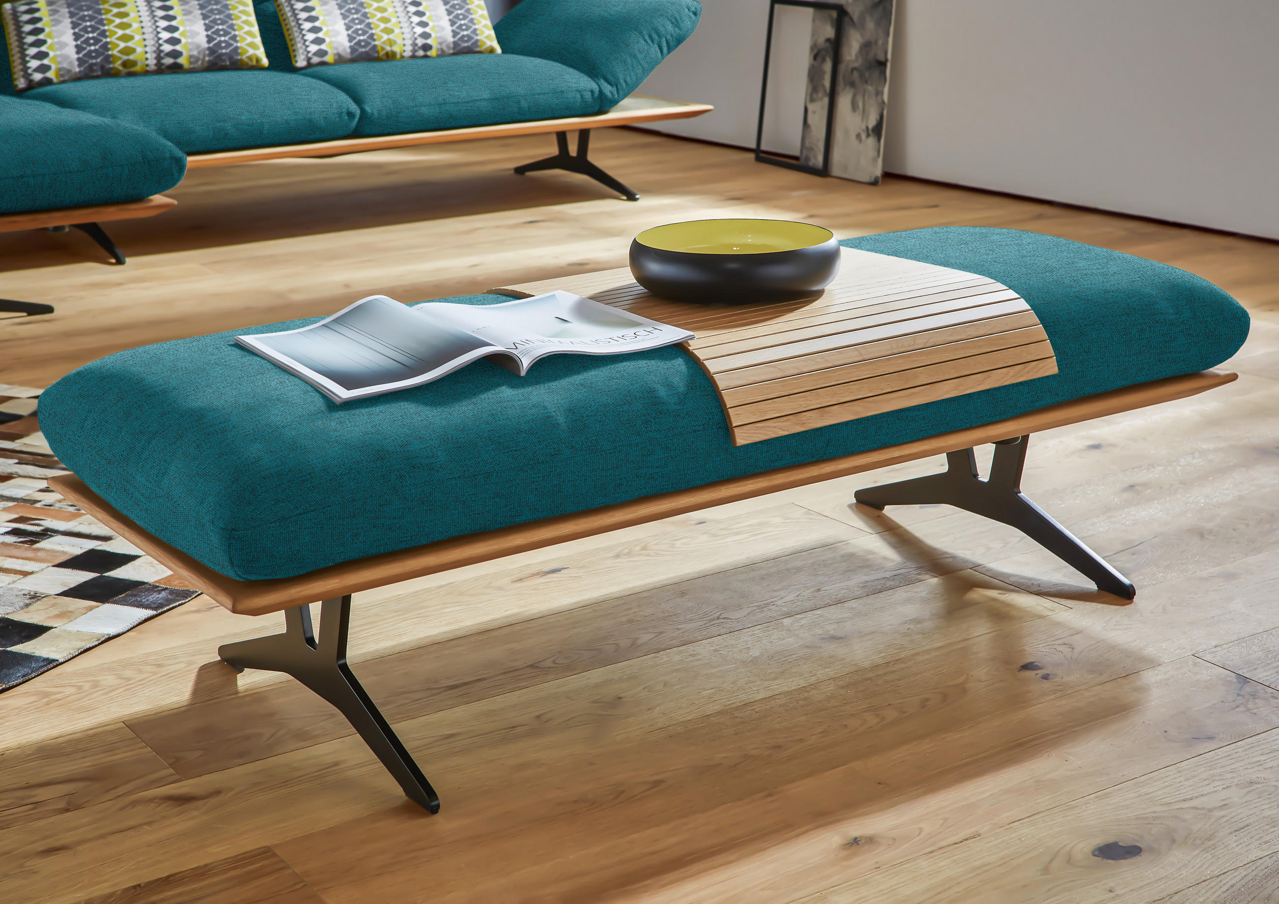 HOCKERBANK in Holz, Textil Petrol  - Petrol/Schwarz, Design, Holz/Textil (150/43/60cm) - Dieter Knoll
