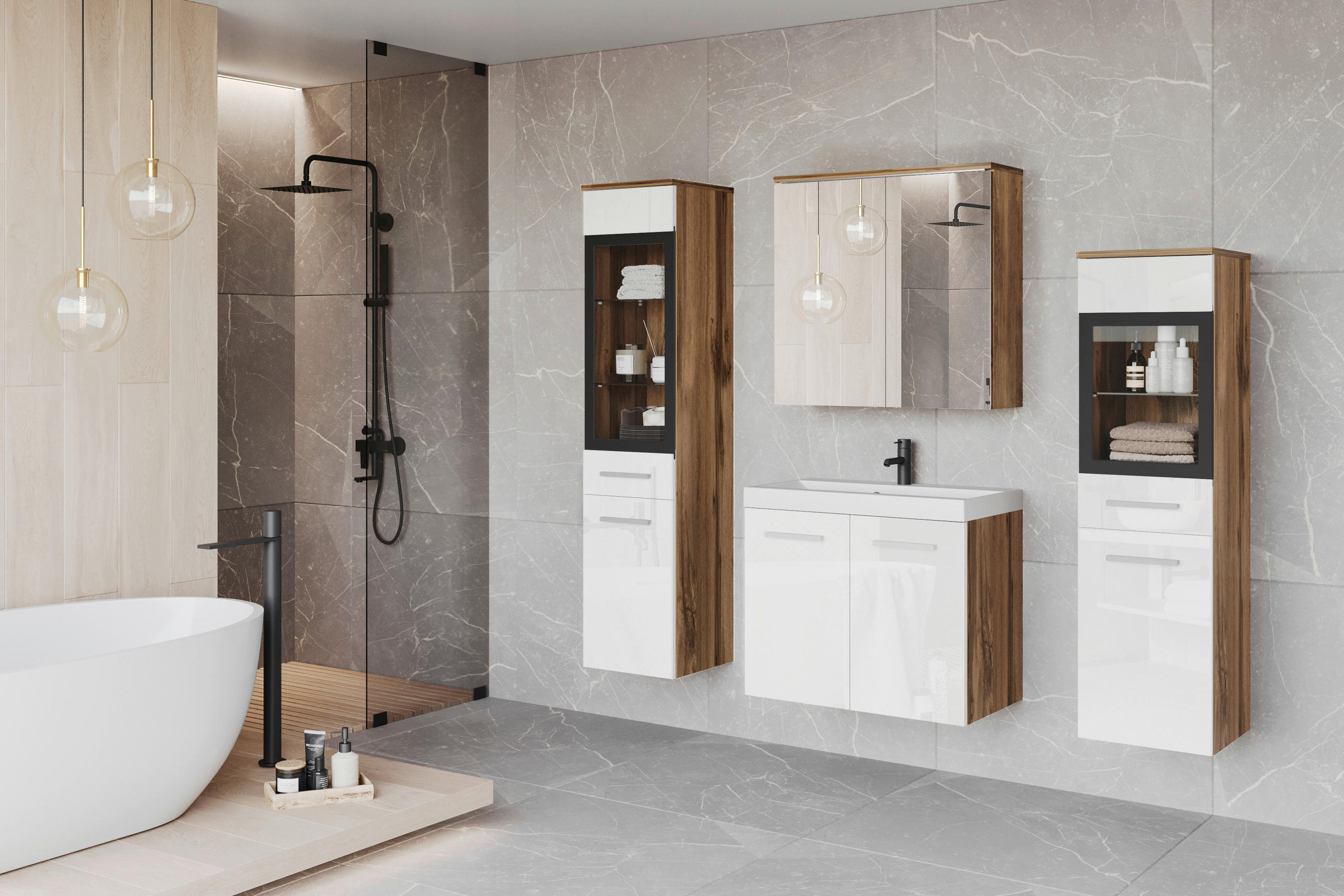 BADEZIMMER 5-teilig  in 120 cm  - Eiche Wotan/Weiß, LIFESTYLE, Glas/Keramik (120cm) - P & B