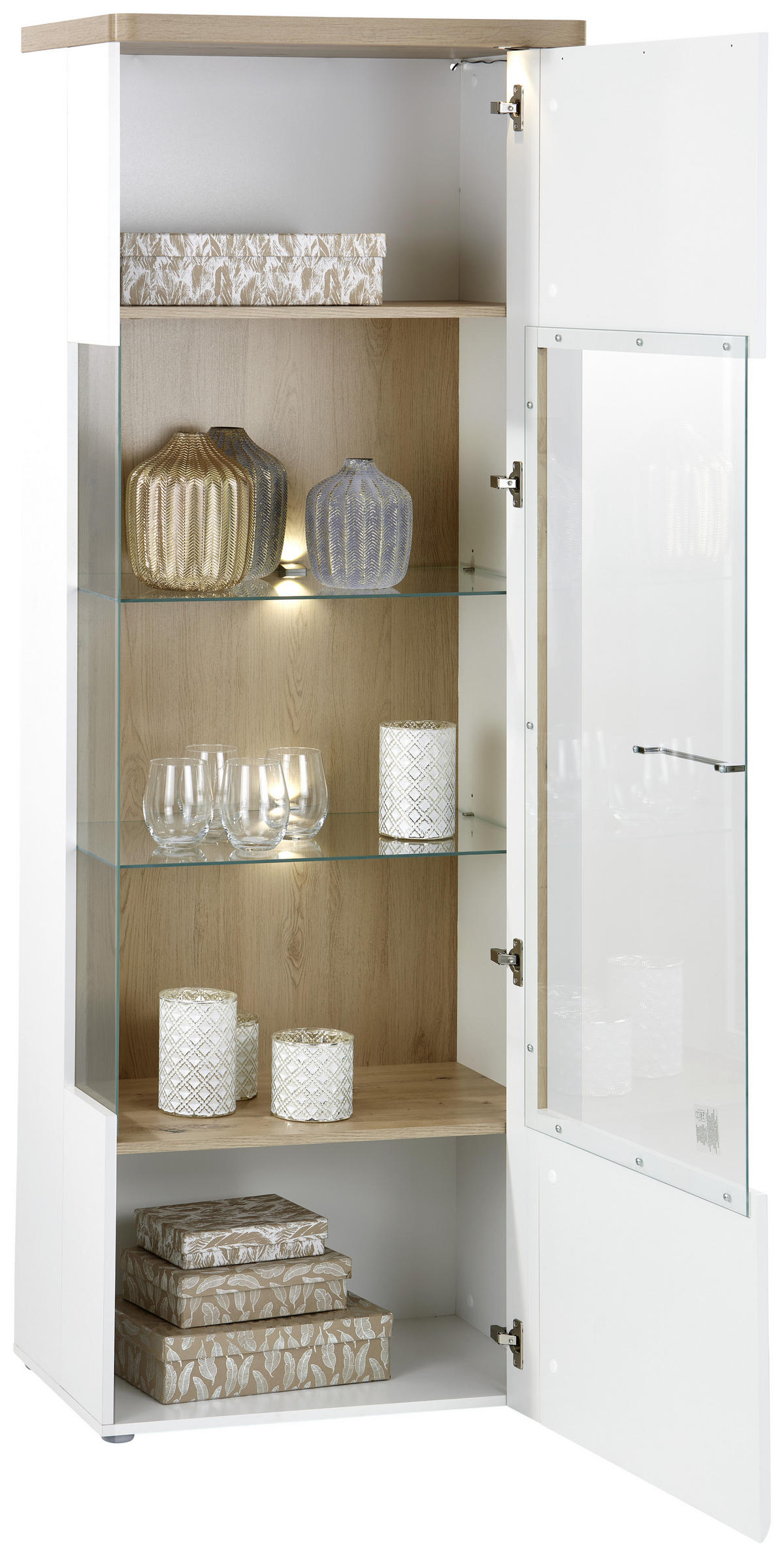 VITRINE in Eichefarben, Weiß Hochglanz  - Chromfarben/Eichefarben, MODERN, Glas/Holzwerkstoff (66,5/196/43,2cm)