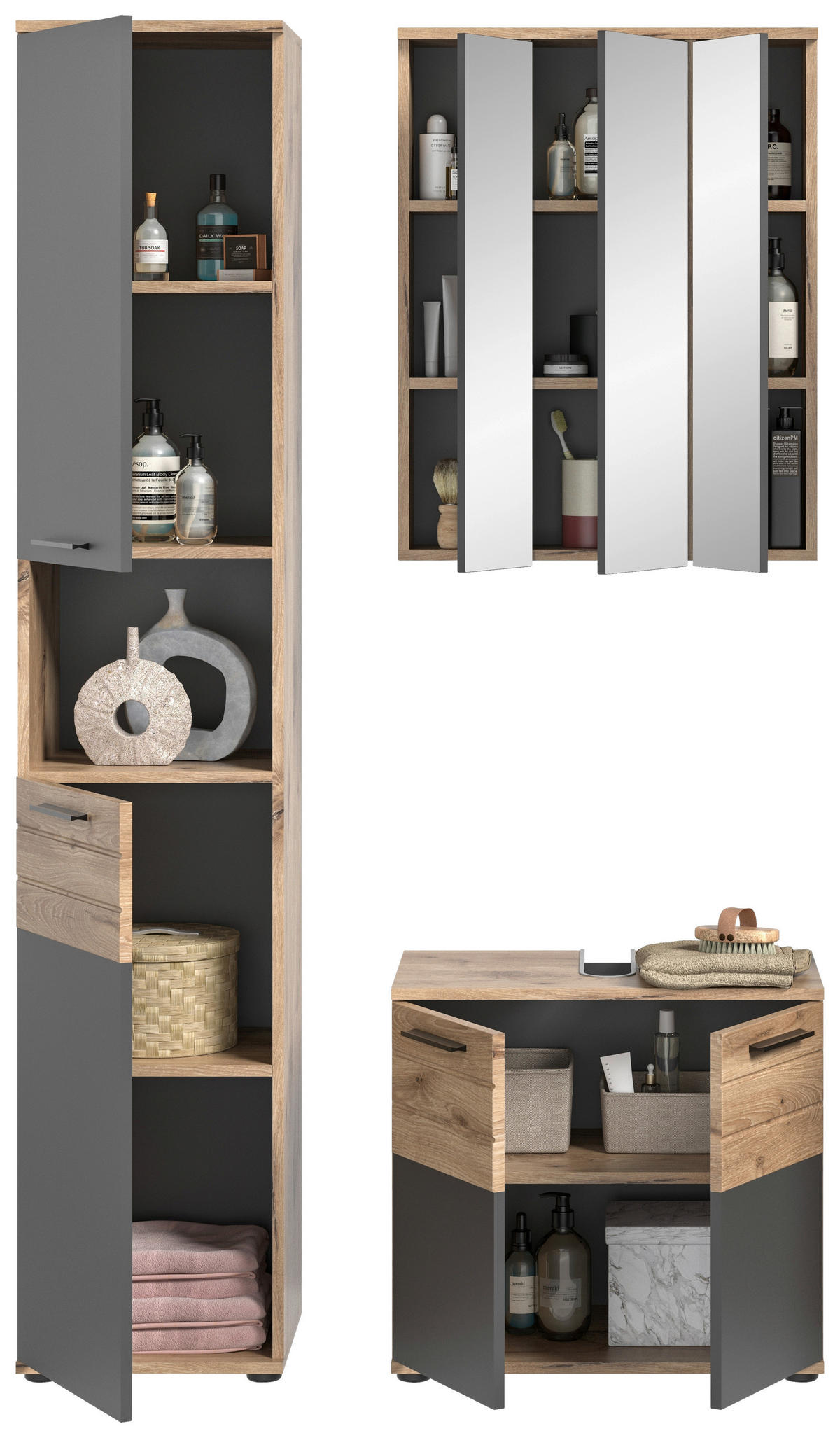 KOPALNICA  siva, barve hrasta  - črna/siva, Moderno, umetna masa/steklo (97cm) - MID.YOU