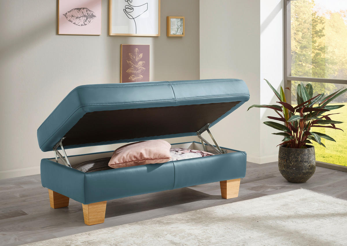 ECKSOFA in Echtleder Blau  - Blau/Eiche Bianco, Natur, Leder/Holz (257/235cm) - Valdera