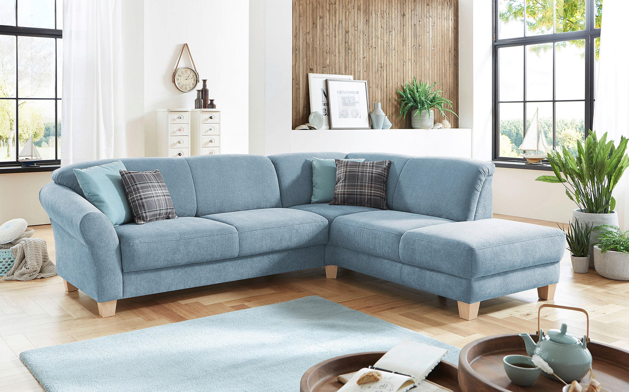 ECKSOFA Hellblau Flachgewebe Bettkasten, Sitztiefenverstellung  - Naturfarben/Hellblau, KONVENTIONELL, Holz/Textil (257/212cm) - Sit & More
