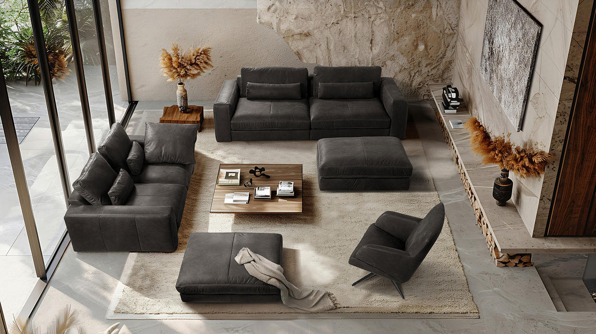 3-SITZER-SOFA  in Echtleder Dunkelgrau   - Dunkelgrau/Beige, Design, Leder/Kunststoff (300/85/123cm) - Livetastic