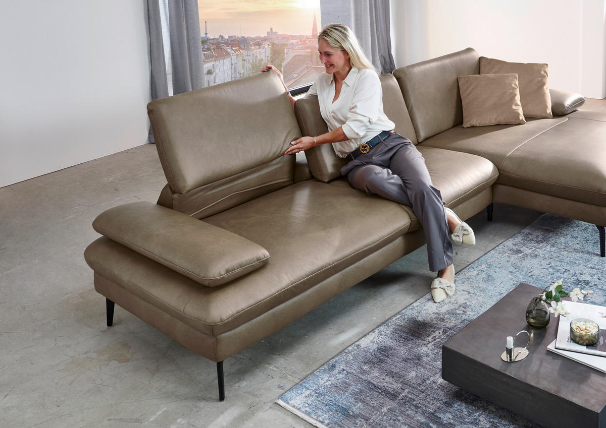ECKSOFA in Echtleder Graubraun  - Graubraun/Schwarz, Design, Leder/Metall (157/325cm) - Dieter Knoll