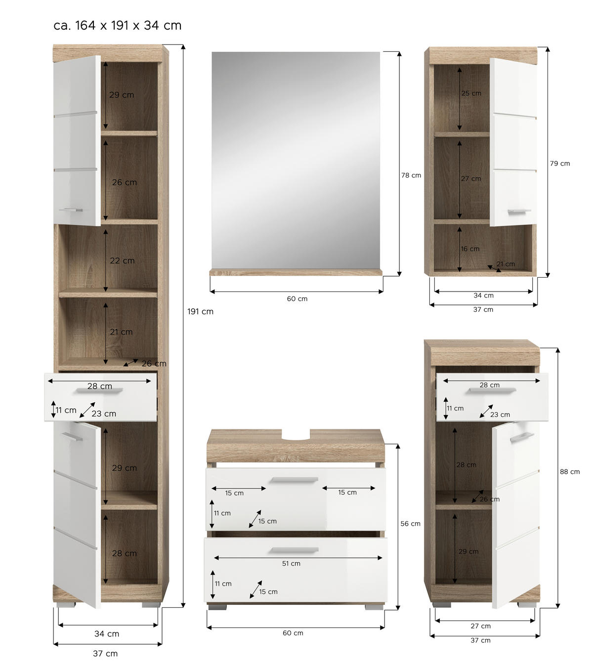 BADEZIMMER 5-teilig  in 134 cm  - Weiß Hochglanz/Silberfarben, MODERN, Glas/Holzwerkstoff (134cm) - MID.YOU
