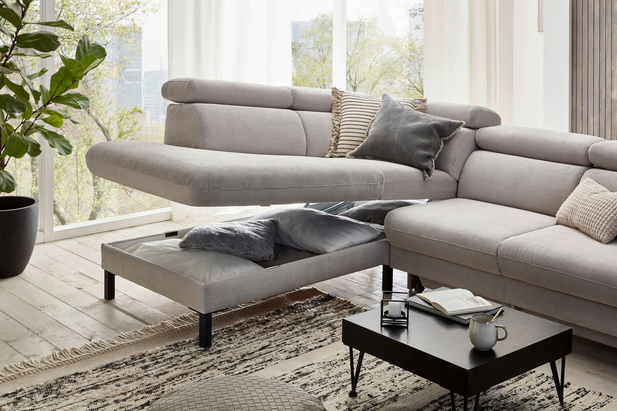 CANAPÉ D'ANGLE in Cord Grau  - Schwarz/Grau, Design, Holzwerkstoff/Textil (217/272cm) - Pure Home Comfort