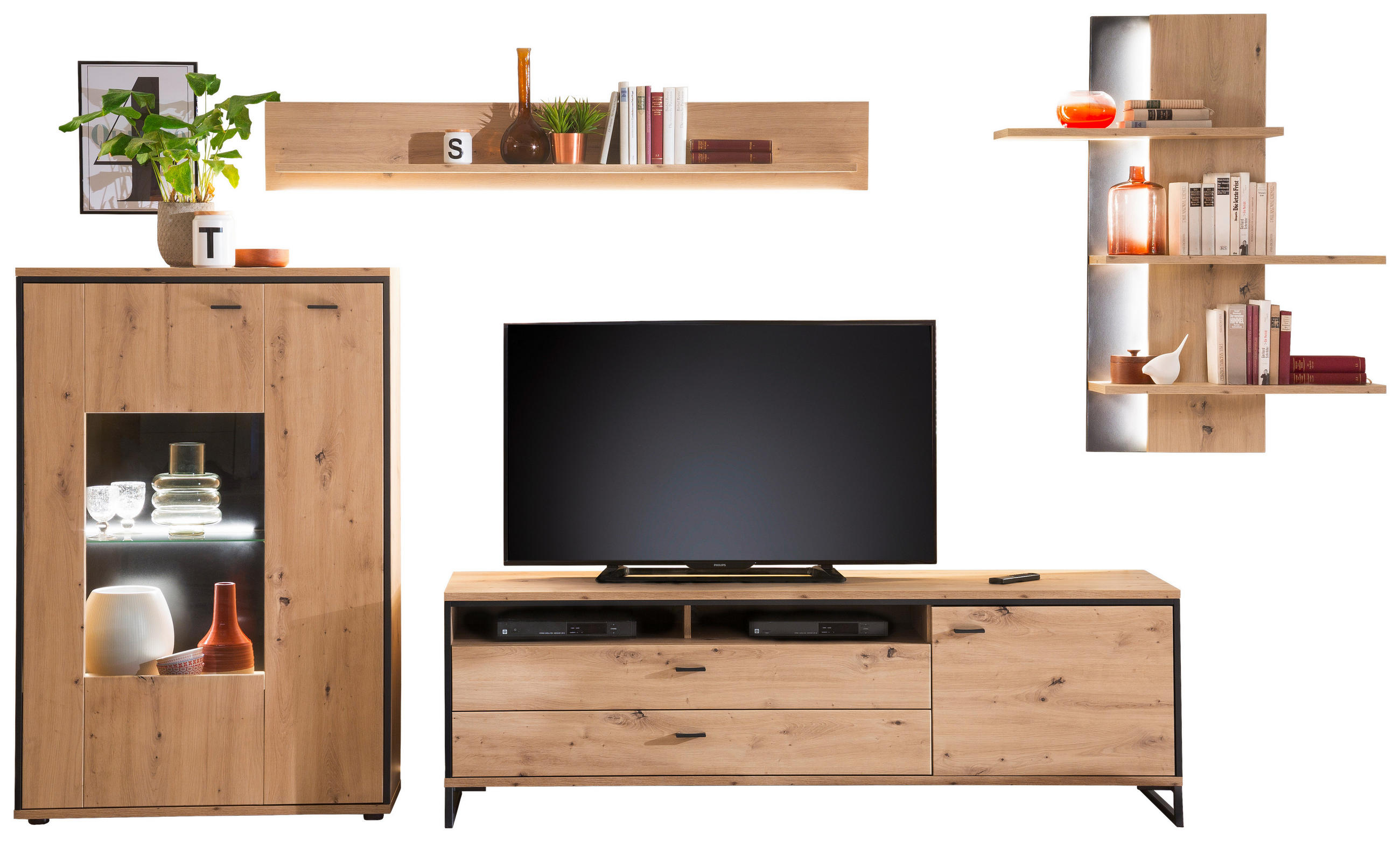 WOHNWAND  in Anthrazit, Eichefarben  337/210/50 cm  - Eichefarben/Anthrazit, Design, Glas/Holzwerkstoff (337/210/50cm) - MID.YOU