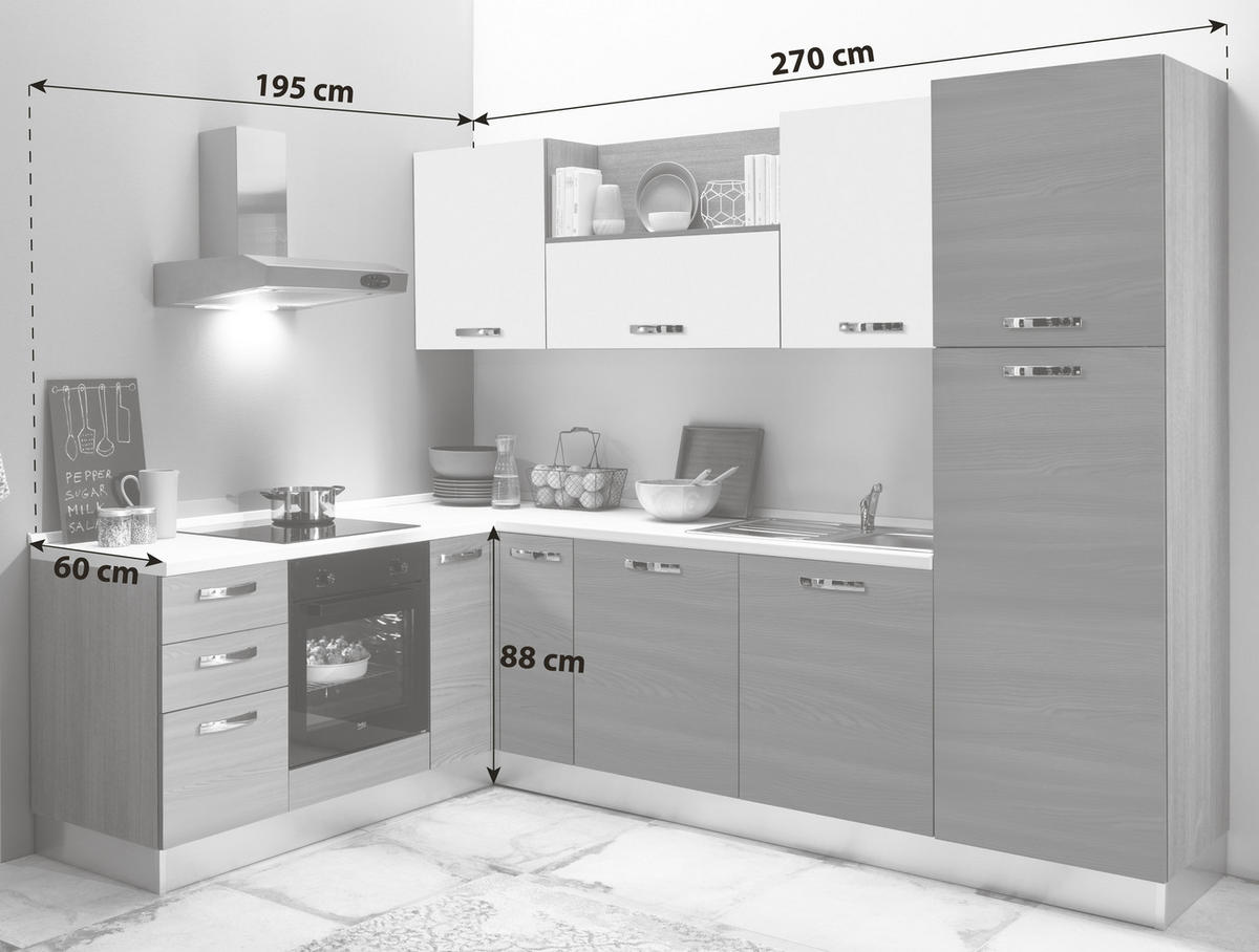 ECKKÜCHE 195/270 cm  in Creme, Eiche grau  - Eiche grau/Magnolie, LIFESTYLE, Holzwerkstoff/Kunststoff (195/270cm) - MID.YOU