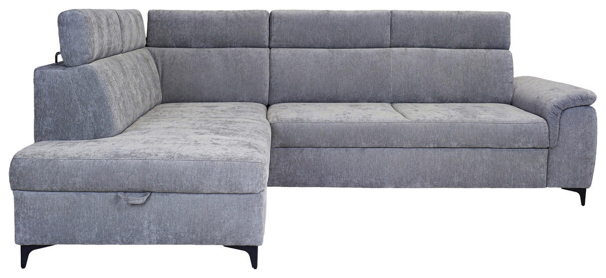 ECKSOFA Hellgrau Chenille Bettkasten, Schlaffunktion, Rücken echt, Kopfteilverstellung, Liegefläche im Originalstoff  - Hellgrau/Schwarz, KONVENTIONELL, Textil/Metall (206/265cm) - Carryhome