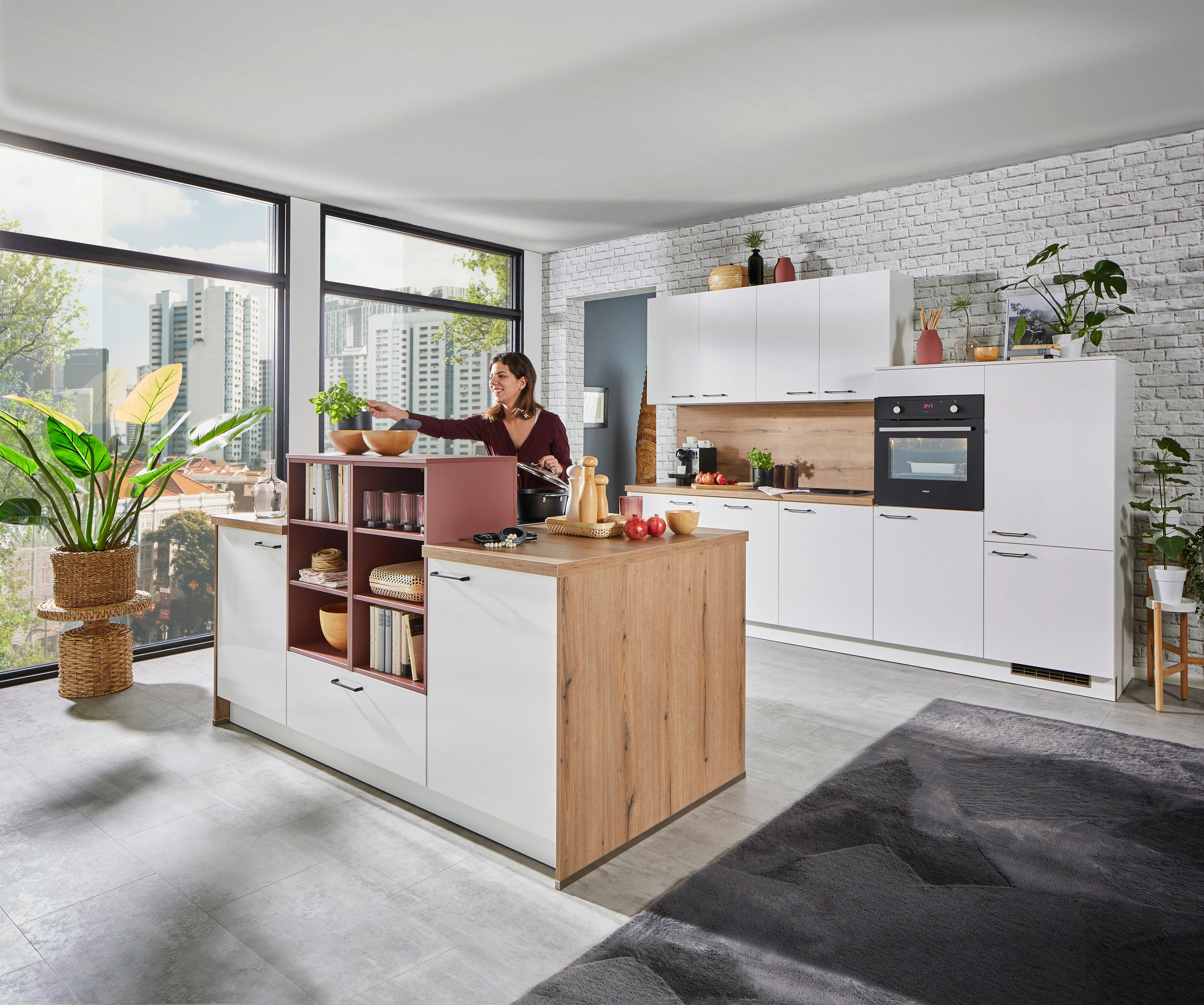 BUCĂTĂRIE FĂRĂ ELECTROCASNICE  - alb/culoare lemn stejar, Konventionell, metal/material pe bază de lemn (300cm) - Welnova