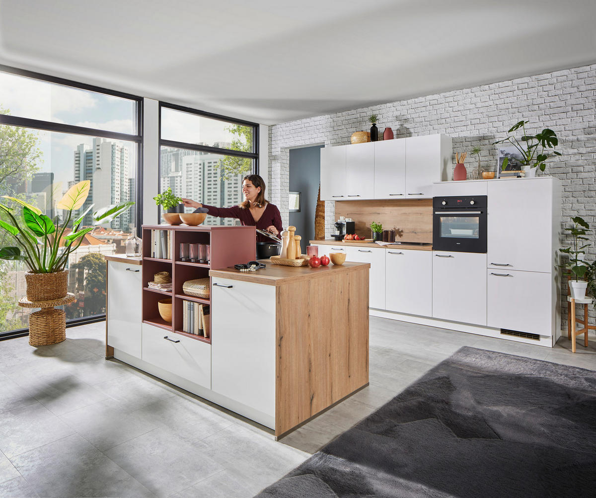 BUCĂTĂRIE FĂRĂ ELECTROCASNICE  - alb/culoare lemn stejar, Konventionell, metal/material pe bază de lemn (300cm) - Welnova