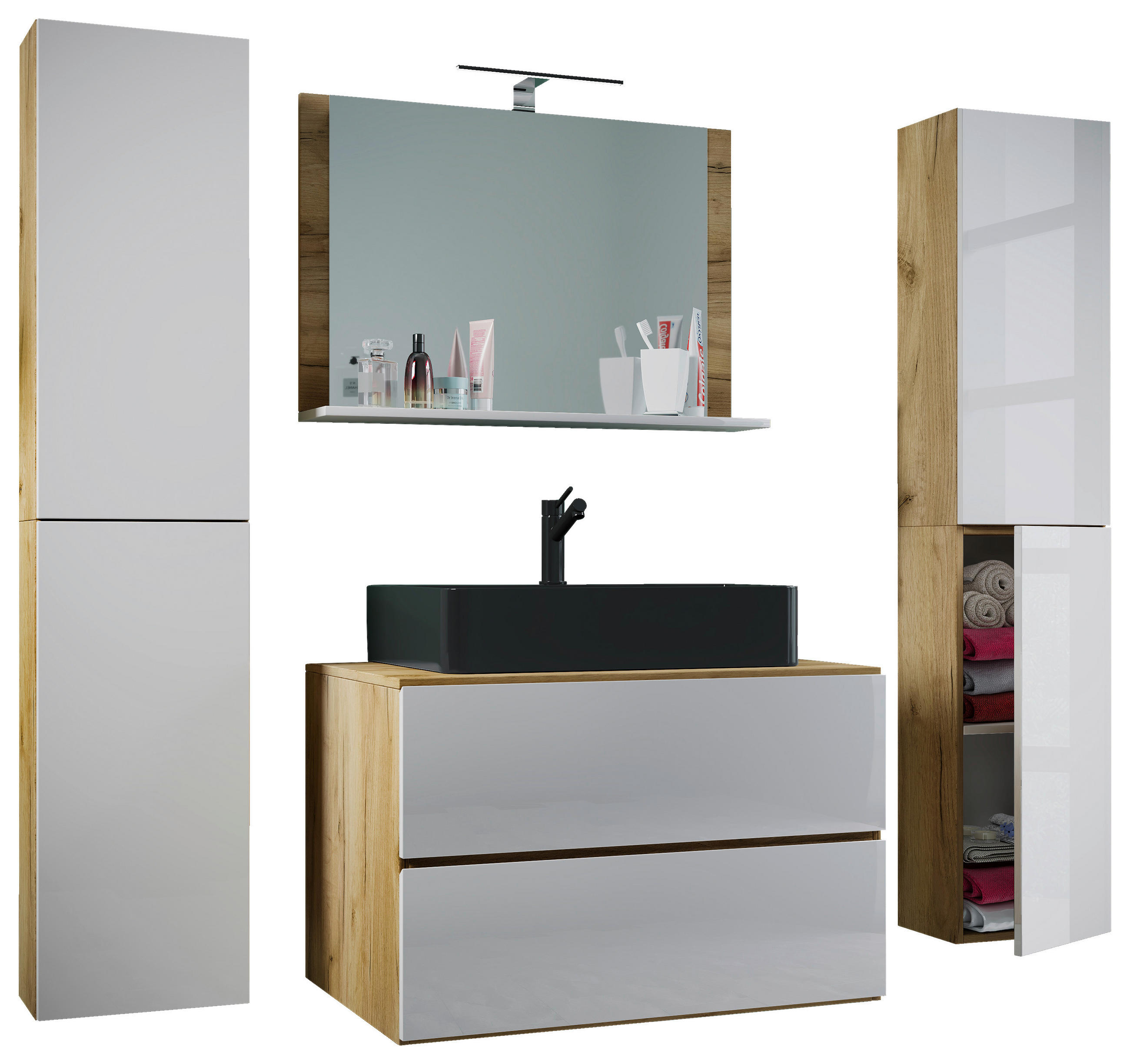 BADEZIMMER 5-teilig  in 147 cm  - Honigeiche/Schwarz, MODERN, Glas/Keramik (147cm) - MID.YOU