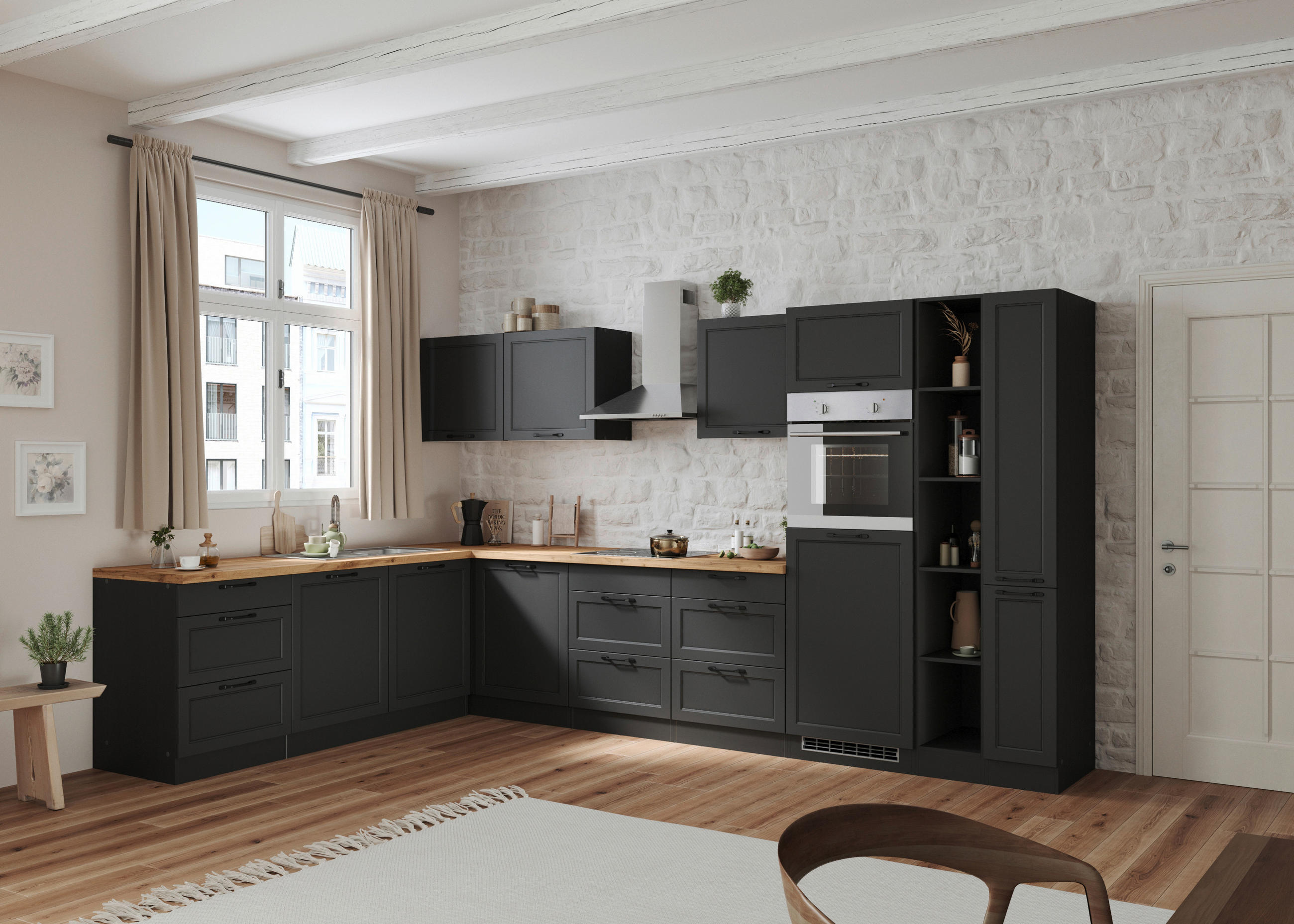 ECKKÜCHE 240/360 cm  in Grau, Eiche Wotan  - Eiche Wotan/Schwarz, LIFESTYLE, Holzwerkstoff/Metall (240/360cm) - Held