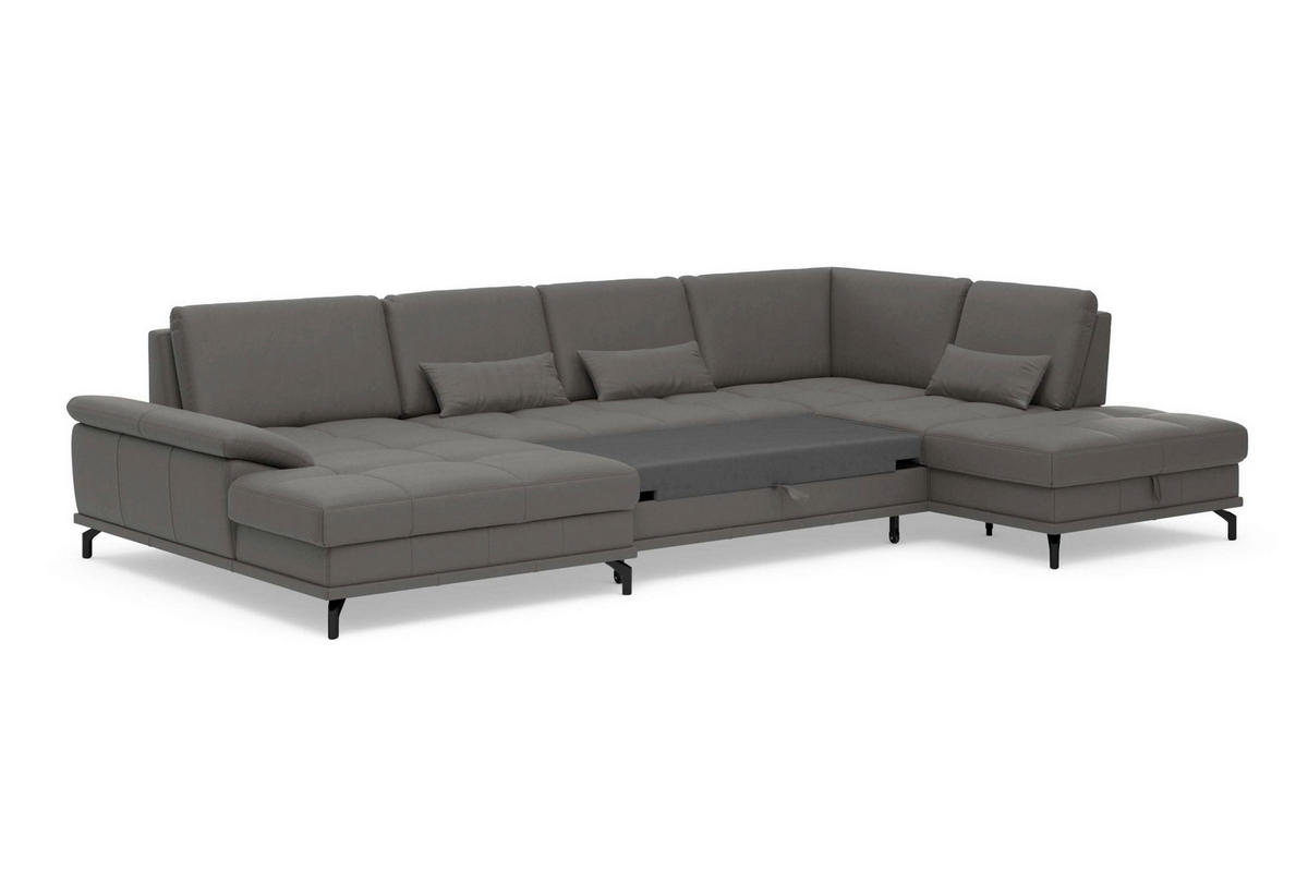 WOHNLANDSCHAFT COSTELLO E Mokka Kombination Echtleder/Stoff Mikrofaser  - Schwarz/Mokka, Basics, Leder/Textil (176/363/223cm) - Sit & More