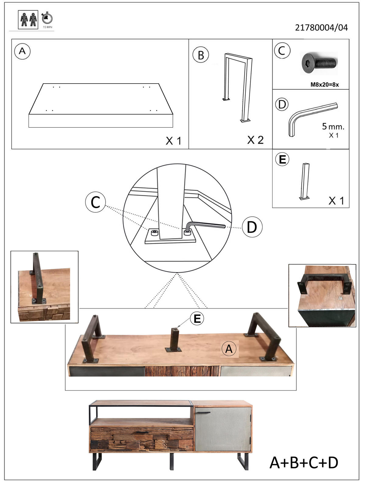 LOWBOARD  in 160/62/40 cm  - Hellbraun/Schwarz, Design, Holz/Stein (160/62/40cm) - Carryhome