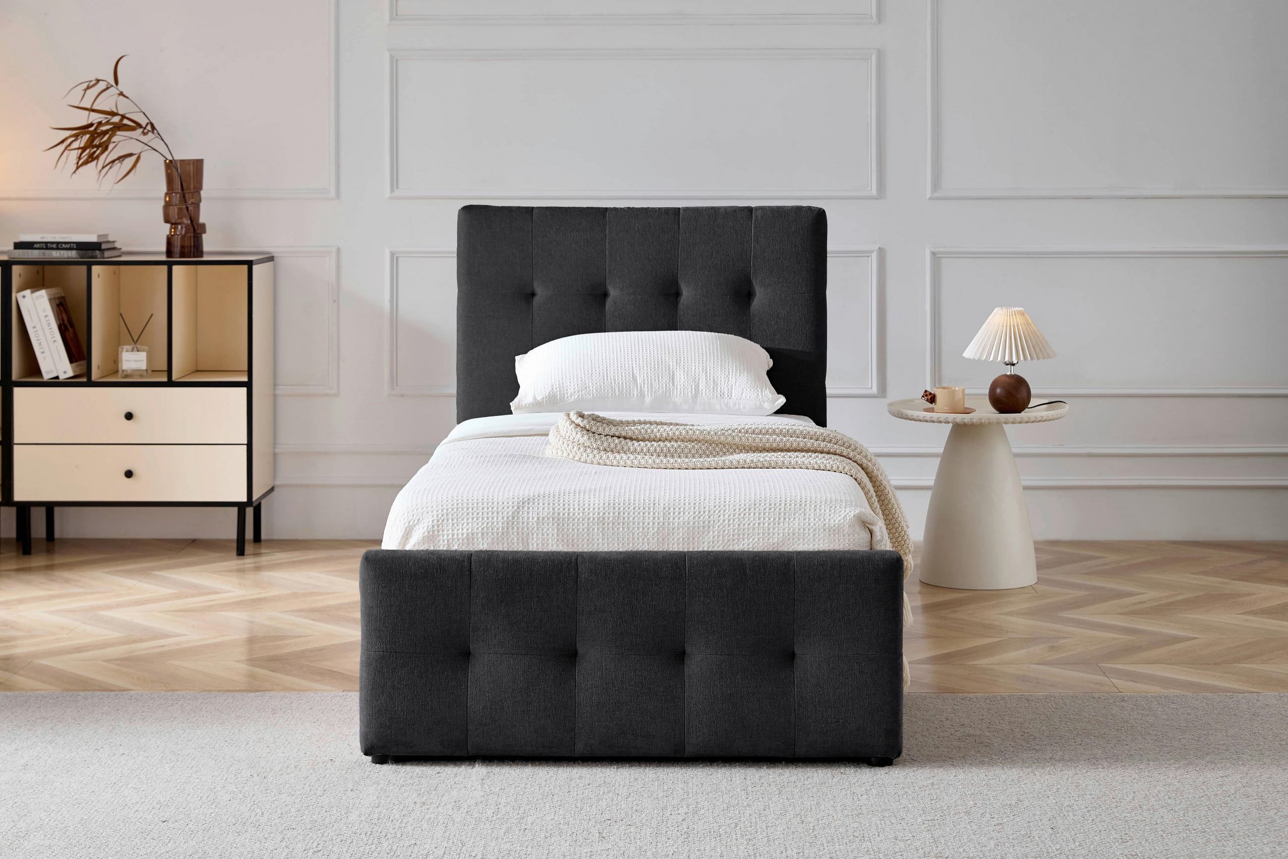 POLSTERBETT gepolstertes Kopfteil, Lattenrost, Bettkasten 90/200 cm  in Dunkelgrau  - Dunkelgrau/Schwarz, Design, Holz/Kunststoff (90/200cm) - Boxxx
