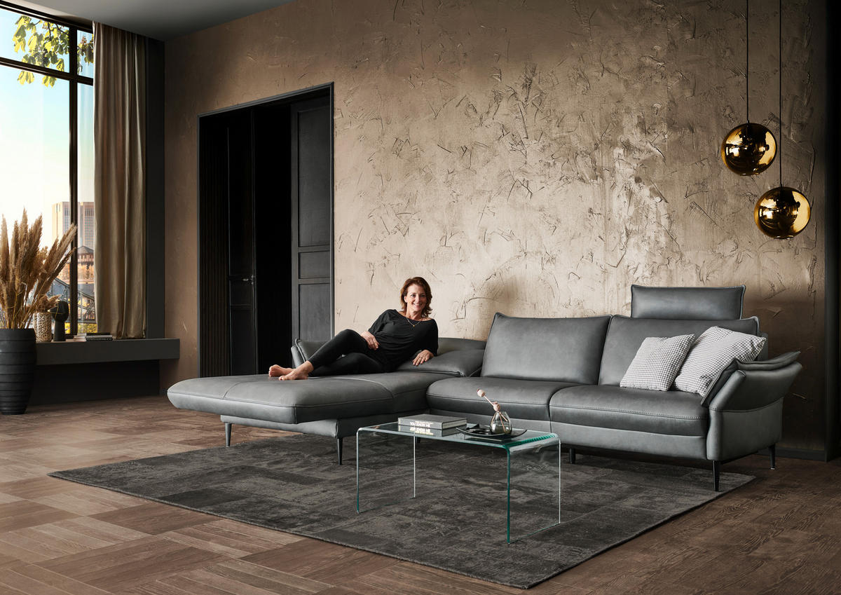 ECKSOFA in Echtleder Anthrazit  172/334 cm  - Anthrazit/Schwarz, Design, Leder/Metall (172/334cm) - Hukla
