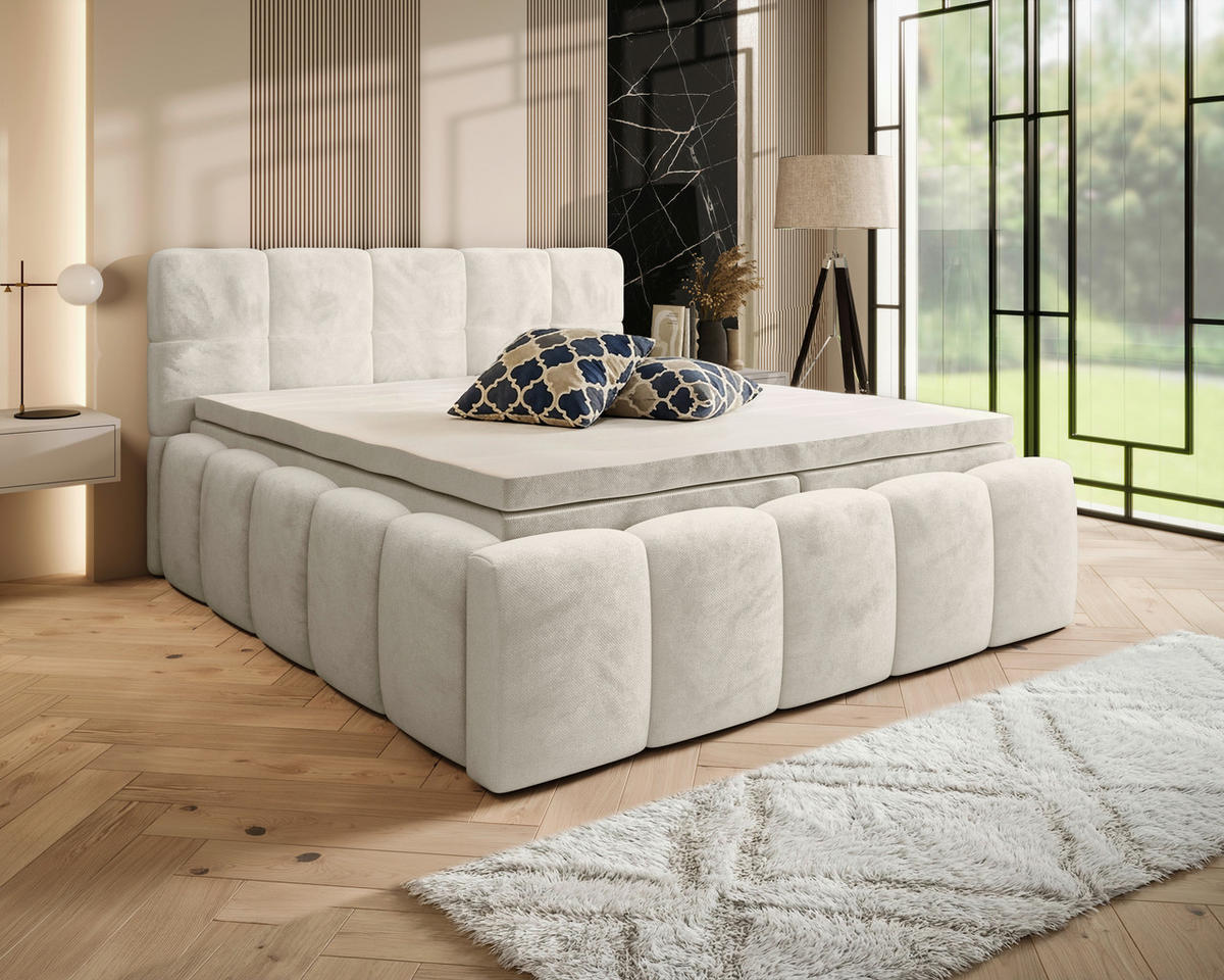 BOXBETT 200/200 cm,  in Beige, gepolstertes Kopfteil, Bettkasten, Topper, Matratzen, H3 + H3 = fest  - Beige/Schwarz, MODERN, Kunststoff/Textil (200/200cm) - Xora