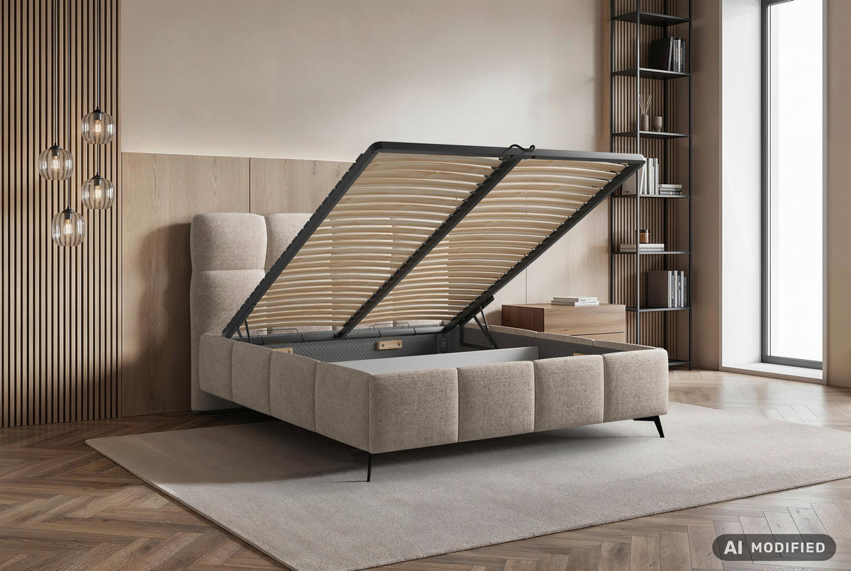 POLSTERBETT 180/200 cm,  in Beige, gepolstertes Kopfteil, Lattenrost,  - Beige/Schwarz, Design, Holz/Textil (180/200cm) - Chameo
