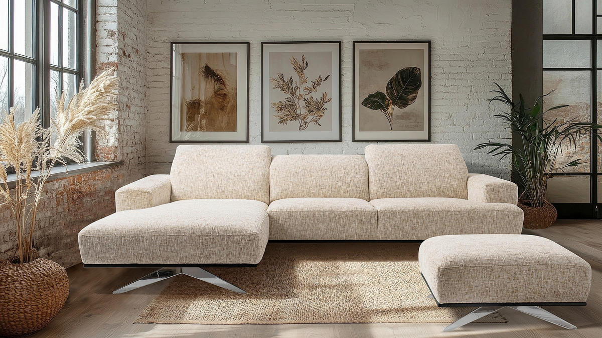 ECKSOFA PORTLAND in Struktur Beige Kopfteilverstellung  187/295 cm  - Chromfarben/Beige, Design, Holz/Textil (187/295cm) - Livetastic