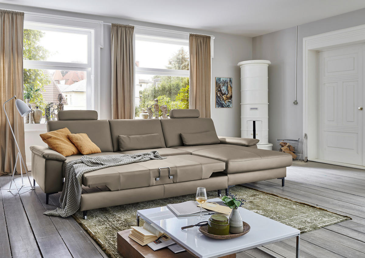 ECKSOFA in Echtleder Graubraun  - Graubraun/Schwarz, Design, Leder/Metall (334/176cm) - Dieter Knoll