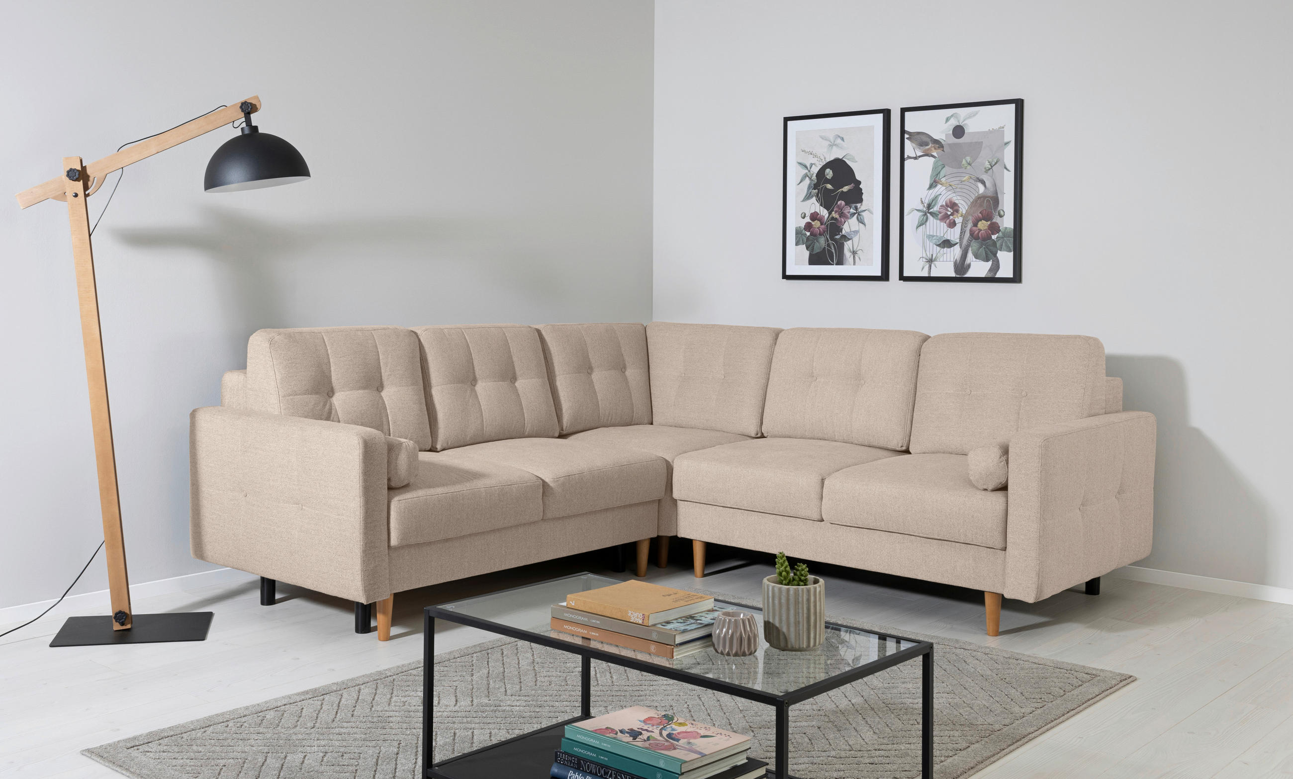 ECKSOFA in Beige  - Beige/Buchefarben, Design, Holz/Textil (242/242cm) - MID.YOU