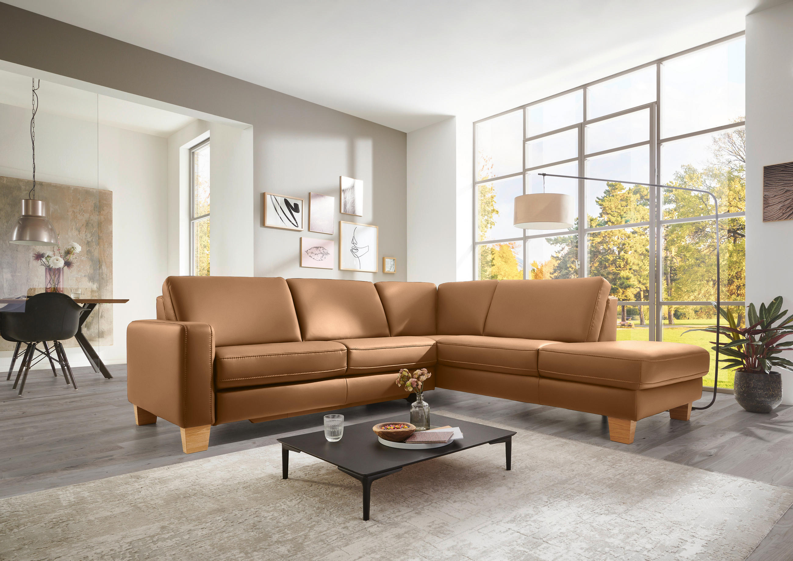 ECKSOFA in Echtleder Hellbraun  - Hellbraun/Eiche Bianco, Konventionell, Leder/Holz (257/235cm) - Valdera