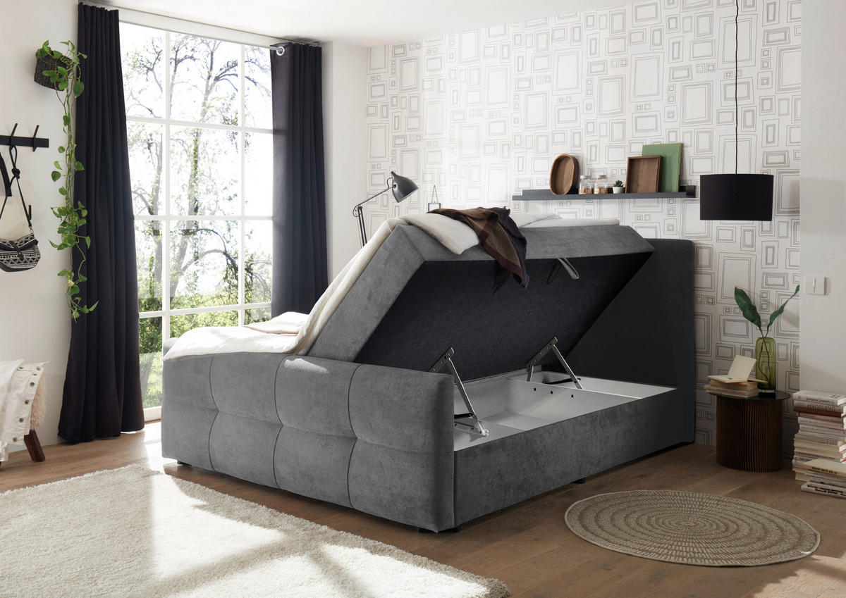 BOXBETT 160/200 cm,  in Dunkelgrau, gepolstertes Kopfteil, Bettkasten, Topper, H2 + H2 = mittel  - Dunkelgrau, MODERN, Kunststoff/Textil (160/200cm) - MID.YOU