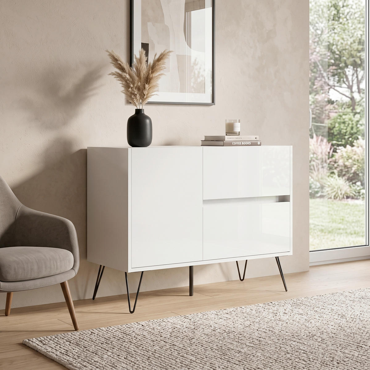 SIDEBOARD Posseik Industrial 99/75,8/42 cm 2 Schublade(n)  - Weiß Hochglanz/Schwarz, Design, Holzwerkstoff/Metall (99/75,8/42cm) - MID.YOU