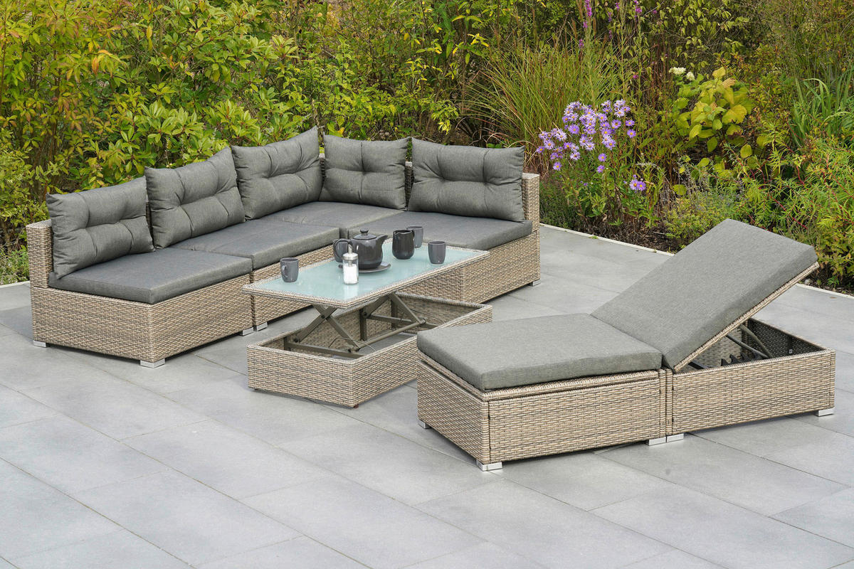 LOUNGEGARNITUR 7-teilig   Stahl  - Naturfarben/Grau, MODERN, Glas/Kunststoff - Gardenson