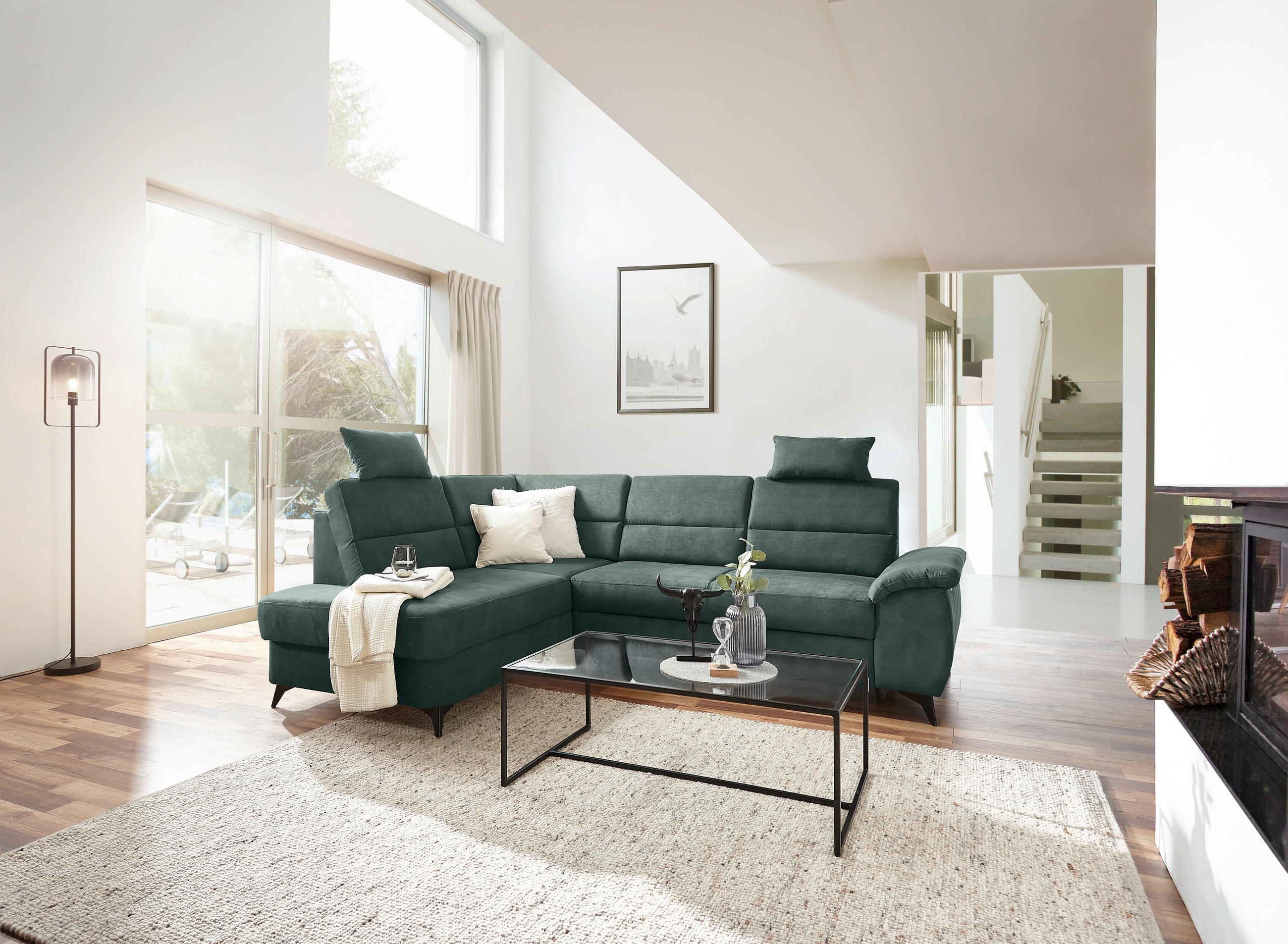 ECKSOFA Petrol Lederlook  - Petrol/Schwarz, KONVENTIONELL, Textil/Metall (194/257cm) - Cantus